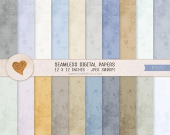 Puede incluir: Una colección de papeles digitales sin costuras que presenta una variedad de tiras de colores texturizados y apagados, incluyendo gris, azul, beige y blanco. El texto superpuesto dice SEAMLESS DIGITAL PAPERS 12 X 12 INCHES - JPEG 300DPI www.lovelytocu.com P370.