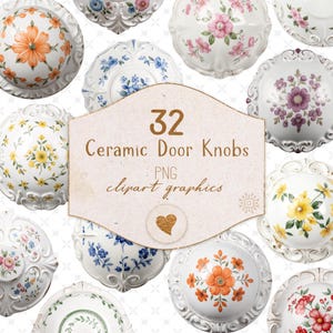 May include: A collection of 32 ceramic door knobs featuring various floral patterns in orange, yellow, pink, purple, and blue. The central text reads 32 Ceramic Door Knobs PNG clipart graphics, with a small gold heart icon below the text.