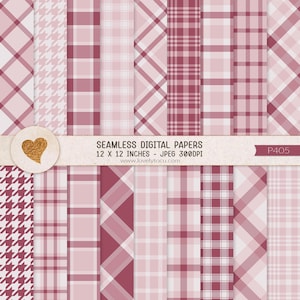 May include: A collection of seamless digital papers in various pink and white plaid, houndstooth, and diagonal patterns. The papers are 12 x 12 inches and 300 DPI. The image includes the text "SEAMLESS DIGITAL PAPERS" and the website address.