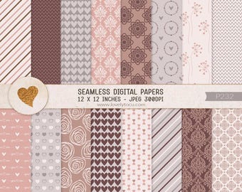 May include: A collection of seamless digital papers featuring various patterns in shades of brown, pink, and white, including hearts, damask, roses, and stripes. The text reads SEAMLESS DIGITAL PAPERS 12 X 12 INCHES - JPEG 300DPI www.lovelytocu.com P232.