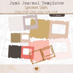 May include: Junk Journal Templates Specimen Slides digital files in PSD, PDF, PNG, EPS, SVG, and DXF formats. The image displays various square and rectangular frame shapes in shades of beige, brown, pink, and black, featuring 5 sizes.