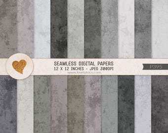 May include: A collection of seamless digital papers featuring various shades of gray and textured concrete patterns. A horizontal band displays the text SEAMLESS DIGITAL PAPERS 12 X 12 INCHES - JPEG 300DPI www.lovelytocu.com and P395.