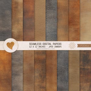 Può includere: Una collezione di carte digitali senza cuciture con varie texture in pelle nelle tonalità del marrone, marrone chiaro e grigio. Un banner bianco orizzontale mostra il testo SEAMLESS DIGITAL PAPERS 12 X 12 INCHES - JPEG 300DPI www.lovelytocu.com P336a.
