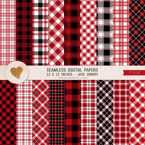 Pode incluir: Um conjunto de 12 papéis digitais com vários padrões de xadrez vermelho, preto e branco. Os papéis são de 30,5 x 30,5 cm e 300 DPI. O texto "SEAMLESS DIGITAL PAPERS" e "P204" é visível na imagem.
