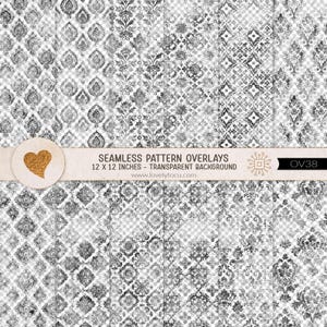 Grungy damask overlays, 12 seamless png papers with transparent background, make your own scrapbook papers (OV38)