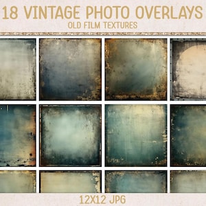 May include: A collection of 18 vintage photo overlays with old film textures. The overlays feature various distressed backgrounds in shades of blue, brown, and beige. The text "18 VINTAGE PHOTO OVERLAYS" and "OLD FILM TEXTURES" is displayed at the top.