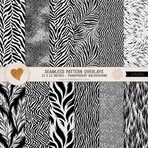 Peut inclure: Une collection de douze motifs superposables sans couture en noir et blanc avec divers imprimés animaliers et textures. Une bannière horizontale affiche le texte SEAMLESS PATTERN OVERLAYS 12 X 12 INCHES - TRANSPARENT BACKGROUND OV35.