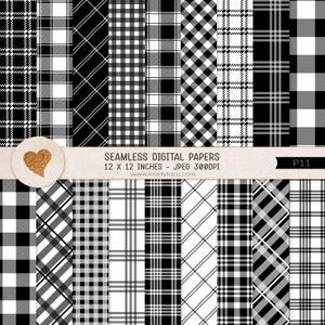 May include: A set of 12 digital papers featuring black and white plaid patterns. The papers are 12 x 12 inches and 300 DPI. The text "SEAMLESS DIGITAL PAPERS 12 X 12 INCHES - JPEG 300DPI www.lovelytocu.com P11" is at the bottom of the image.