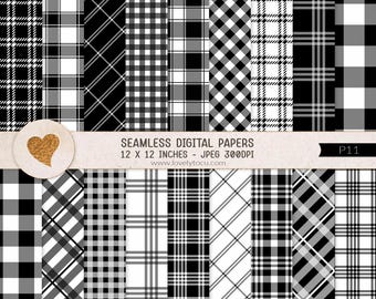 White and black buffalo plaid digital papers, seamless paper backgrounds, printable paper, scrapbook paper, gingham, checker plaid - P11