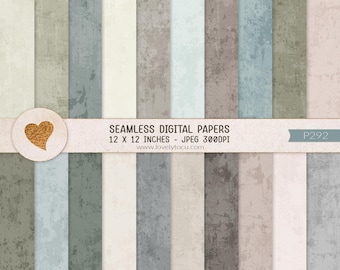 Puede incluir: Una colección de papeles digitales sin costuras con rayas verticales en tonos apagados de beige, gris, azul y verde con una textura desgastada. Una banda horizontal muestra el texto SEAMLESS DIGITAL PAPERS 12 X 12 INCHES - JPEG 300DPI.