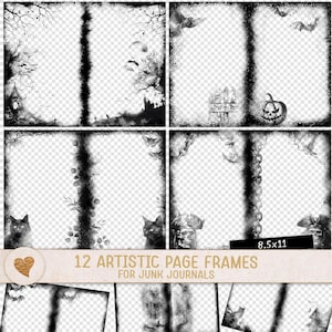May include: A collection of 12 black and white digital page frames for junk journals, featuring Halloween-themed illustrations like bats, pumpkins, skulls, cats, and trees. The frames are presented in a grid layout with the text 8.5x11 visible.