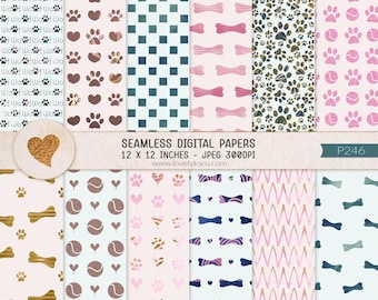 May include: A collection of seamless digital papers featuring various dog-themed patterns including paw prints, bones, tennis balls, hearts, and text reading Woof. The set includes 12 x 12 inch JPEG files at 300 DPI with a label reading P246.