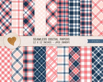 Summer pink navy plaid digital papers, seamless paper background, printable paper, scrapbook paper, gingham, checker plaid - P180