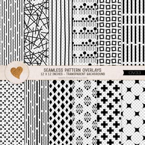 May include: A collection of black and white seamless pattern overlays. The patterns include vertical lines, intersecting lines, dots, squares, and geometric shapes. The text on the image reads "SEAMLESS PATTERN OVERLAYS 12 X 12 INCHES - TRANSPARENT BACKGROUND".