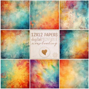 May include: A collection of eight square digital papers featuring abstract watercolor textures in vibrant shades of orange, yellow, teal, and blue. The center square displays the text 12X12 PAPERS digital PRINTABLE scrapbooking with a gold heart.