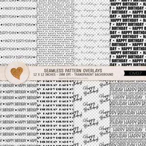 Birthday script pattern overlay, 8 seamless png papers with transparent background, make your own paper, junk journal elements, (OV07)