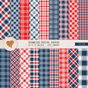 May include: A set of 18 digital papers featuring various red, blue, and white plaid patterns. The papers are seamless and measure 12 x 12 inches at 300 DPI. The text "SEAMLESS DIGITAL PAPERS" and "12 x 12 INCHES - JPEG 300DPI" is displayed on a brown banner. The text "www.lovelytocu.com" and "P178" is also displayed on the banner.