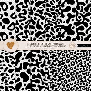 May include: A collection of black and white seamless pattern overlays. The patterns feature various organic shapes and designs. The text on the image reads "SEAMLESS PATTERN OVERLAYS 12 X 12 INCHES - TRANSPARENT BACKGROUND" and "www.lovelytocu.com".