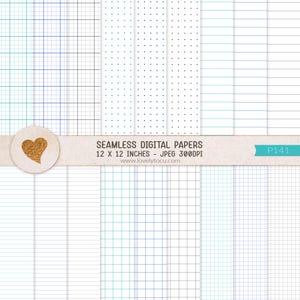 May include: A set of 12 digital paper patterns, each measuring 12 x 12 inches, with a resolution of 300 DPI. The patterns include graph paper, dot grid paper, and lined paper in various colors. The papers are seamless and can be used for a variety of projects, such as scrapbooking, card making, and digital art.  "SEAMLESS DIGITAL PAPERS 12 X 12 INCHES - JPEG 300DPI www.lovelytocu.com P141"