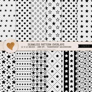 May include: A collection of seamless pattern overlays featuring black star motifs on transparent backgrounds. The image includes a horizontal band with the text SEAMLESS PATTERN OVERLAYS, 12 X 12 INCHES, 300 DPI, TRANSPARENT BACKGROUND, and OV13.