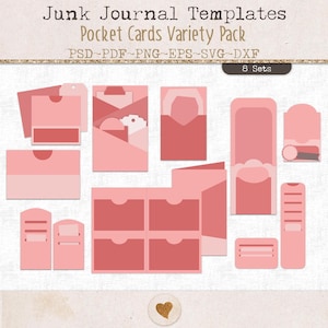 Peut inclure: Une collection de modèles de junk journal et de cartes de poche roses de formes et tailles variées. Le texte indique Junk Journal Templates, Pocket Cards Variety Pack, PSD~PDF~PNG~EPS~SVG~DXF et 8 Sets. Ces modèles numériques présentent des découpes et des fentes.