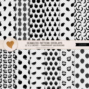 May include: A collection of black fruit-themed seamless pattern overlays on a transparent background. The designs feature pineapples, apples, pears, lemons, bananas, cherries, watermelon slices, strawberries, and raspberries. Text reads SEAMLESS PATTERN OVERLAYS 12 X 12 INCHES - TRANSPARENT BACKGROUND www.lovelytocu.com OV49.