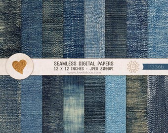 Digitaal papier met denimtexturen, 16 naadloze achtergronden, textieltexturen, blauwe denim - P336b