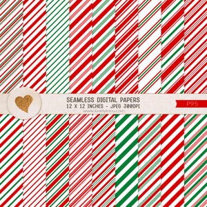 Op de afbeelding: Set van 10 digitale papieren met een naadloos snoepstokstreepjespatroon in rood, wit en groen. De papieren zijn 30,5 x 30,5 cm en 300 DPI. "Seamless Digital Papers 12 x 12 inches - JPEG 300DPI www.lovelytocu.com P95"