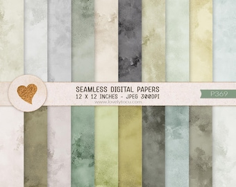 May include: A collection of seamless digital papers featuring a variety of muted earth tones including sage green, charcoal, cream, and soft yellow. Each pattern displays a subtle stippled texture and watercolor wash effect. Text reads SEAMLESS DIGITAL PAPERS 12 X 12 INCHES - JPEG 300DPI www.lovelytocu.com P369.