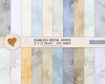 Puede incluir: Una colección de papeles digitales sin costuras con texturas de acuarela en tonos azul, beige, gris y crema. Una banda horizontal muestra el texto SEAMLESS DIGITAL PAPERS 12 X 12 INCHES - JPEG 300DPI www.lovelytocu.com y P383.