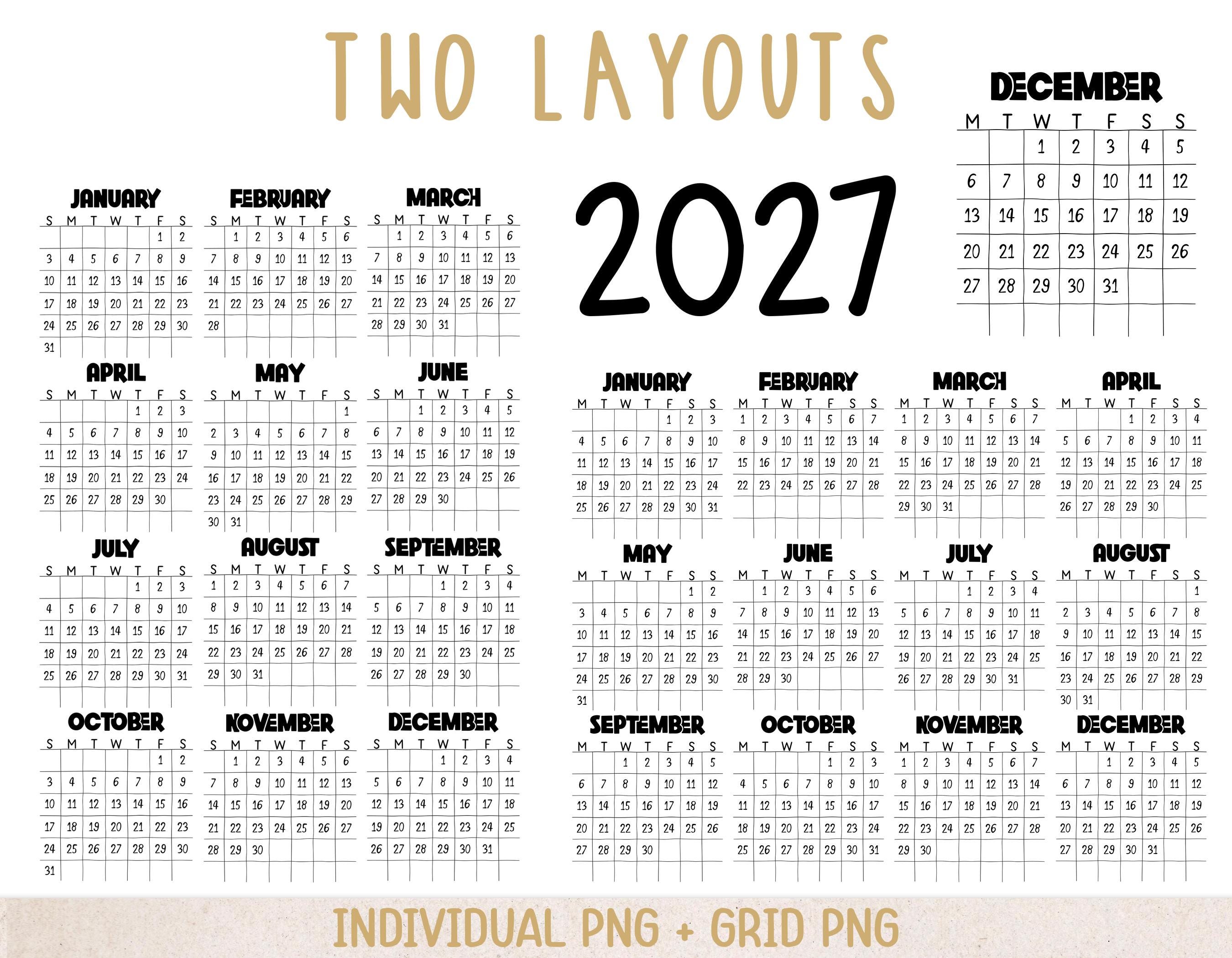 2027 Calendar Month Overlays, Hand Printed Font, PNG Graphics (sunday ...