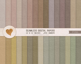May include: A collection of seamless digital papers in various muted earth tones, including beige, brown, gray, and olive green. A horizontal band features a gold heart icon and text: SEAMLESS DIGITAL PAPERS 12 X 12 INCHES - JPEG 300DPI www.lovelytocu.com P286.