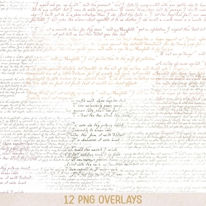 Pode incluir: Uma sobreposição digital com escrita manuscrita envelhecida em tons sépia. O texto é sobreposto na imagem, criando uma estética vintage. A parte inferior da imagem diz "12 PNG OVERLAYS".