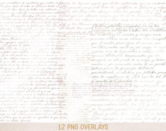 May include: A digital overlay featuring dense, handwritten Spanish cursive text in a light brown hue against a white background. The script appears as a repeating, layered pattern of historical-style prose, with the text 12 PNG OVERLAYS printed in bold, gold-colored sans-serif capital letters at the bottom.