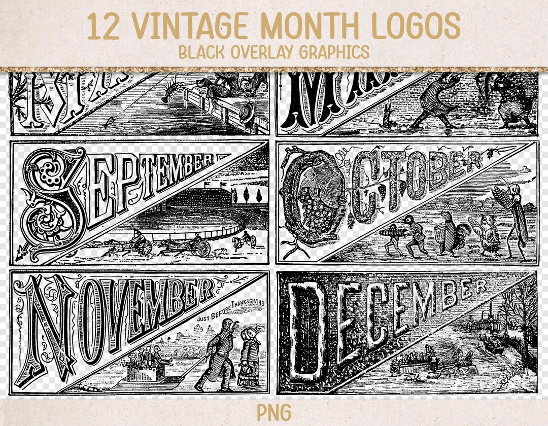 12 Vintage Calendar Graphics, Black PNG Clipart Overlays, Junk Journal ...