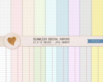 May include: A collection of seamless digital papers featuring a grid pattern in various pastel colors including pink, green, blue, purple, gray, and yellow. A horizontal banner displays the text SEAMLESS DIGITAL PAPERS 12 X 12 INCHES - JPEG 300DPI www.lovelytocu.com and P144.