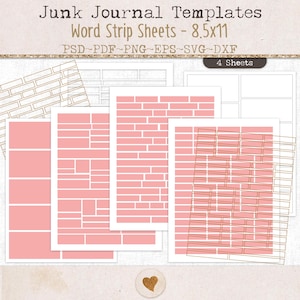 Puede incluir: Junk Journal Templates Word Strip Sheets 8.5x11 PSD PDF PNG EPS SVG DXF 4 Sheets. Una colección de plantillas digitales con diseños de tiras de palabras rectangulares en rosa y blanco, con algunas hojas que muestran cuadrículas.