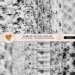 Puede incluir: Una colección de superposiciones de patrones sin costuras en blanco y negro con varias texturas desgastadas, rayadas y agrietadas sobre un fondo transparente. El texto dice SEAMLESS PATTERN OVERLAYS 12 X 12 INCHES - TRANSPARENT BACKGROUND www.lovelytocu.com OV27.