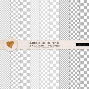 May include: Set of six digital papers with a checkered pattern in shades of gray. The papers are 12 x 12 inches and 300 DPI. The text "SEAMLESS DIGITAL PAPERS 12 X 12 INCHES - JPEG 300DPI www.lovelytocu.com OVO2-1" is on a brown banner with a gold heart.