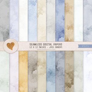 Könnte beinhalten: Eine Sammlung nahtloser digitaler Papiere mit aquarellartigen Texturen in Blau-, Grau-, Beige- und Weißtönen. Ein horizontales Band in der Mitte zeigt den Text SEAMLESS DIGITAL PAPERS 12 X 12 INCHES - JPEG 300DPI.