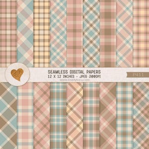 May include: A collection of seamless digital papers with plaid patterns in various colors, including pink, blue, and brown. Each paper measures 12 x 12 inches. The image includes the text "SEAMLESS DIGITAL PAPERS 12 X 12 INCHES - JPEG 300DPI".