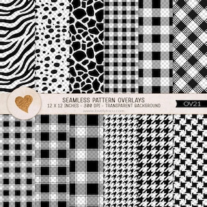 Könnte beinhalten: Eine Sammlung nahtloser Muster-Overlays in Schwarz und Weiß. Die Muster umfassen Zebrastreifen, Tupfen, Giraffenmuster, Vichy, Karomuster und Hahnentritt-Designs. Der Text lautet "SEAMLESS PATTERN OVERLAYS 12 X 12 INCHES - 300 DPI - TRANSPARENT BACKGROUND".