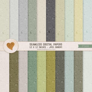 May include: A collection of seamless digital papers in various muted colors, including shades of green, gray, and beige. Each paper has a speckled pattern. The text on the image reads "Seamless Digital Papers 12 x 12 inches - JPEG 300DPI".