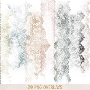May include: A collection of twenty digital lace overlays featuring intricate floral and scalloped patterns in various muted tones including grey, beige, soft pink, and pale blue, arranged vertically against a plain white background.