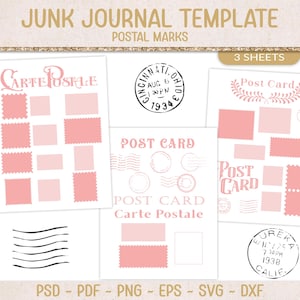 May include: A digital junk journal template with postal marks. The design includes three sheets with pink postage stamp graphics, postcards, and vintage postal stamps. The text includes "JUNK JOURNAL TEMPLATE" and "POSTAL MARKS".