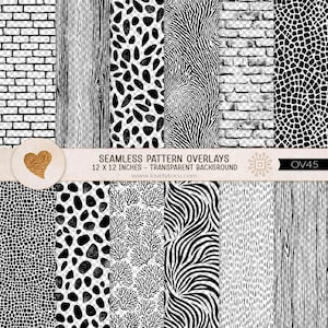 May include: A collection of twelve black and white seamless pattern overlays featuring brick, wood grain, animal print, and coral textures. A horizontal banner displays the text SEAMLESS PATTERN OVERLAYS 12 X 12 INCHES - TRANSPARENT BACKGROUND.