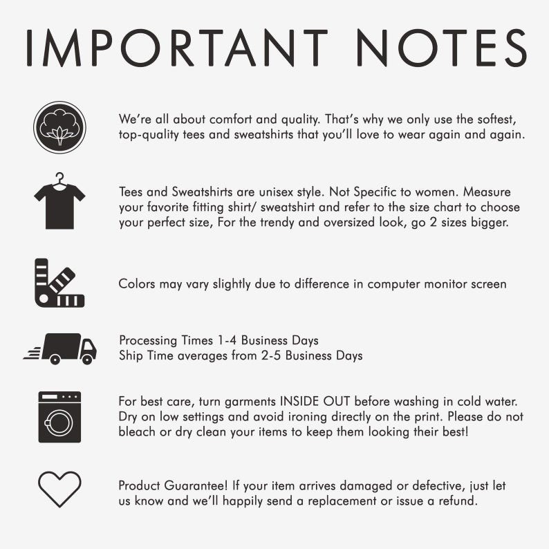 May include: White background with the text "IMPORTANT NOTES" at the top. The text provides care instructions, processing times, and a product guarantee. Icons of a shirt, color palette, and washing machine are included.