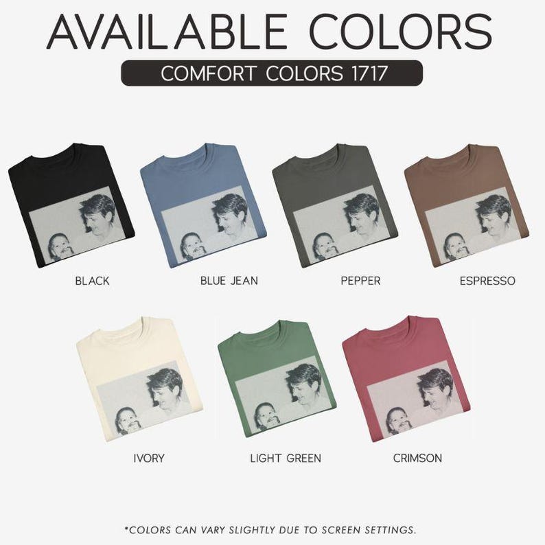 K&ouml;nnte beinhalten: Pr&auml;sentation von T-Shirts in verschiedenen Farben, darunter Schwarz, Jeansblau, Pfeffer, Espresso, Elfenbein, Hellgr&uuml;n und Karmesinrot. Jedes Shirt hat ein gedrucktes Bild. Der Text oben lautet "AVAILABLE COLORS" und "COMFORT COLORS 1717".
