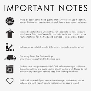 Peut inclure: Fond blanc avec le texte "IMPORTANT NOTES" en noir. Le texte fournit des informations sur le produit, y compris les instructions d'entretien, le dimensionnement unisexe et une garantie produit. Des ic&ocirc;nes de chemise, de c&oelig;ur et de machine &agrave; laver sont incluses.