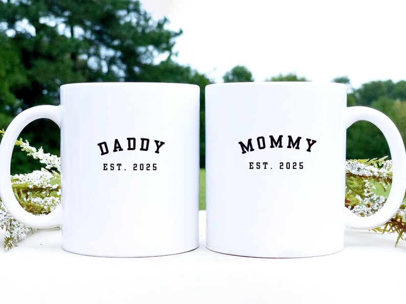 Mommy Daddy Est. 2025 Minimalist Cup Christmas Baby Shower Present